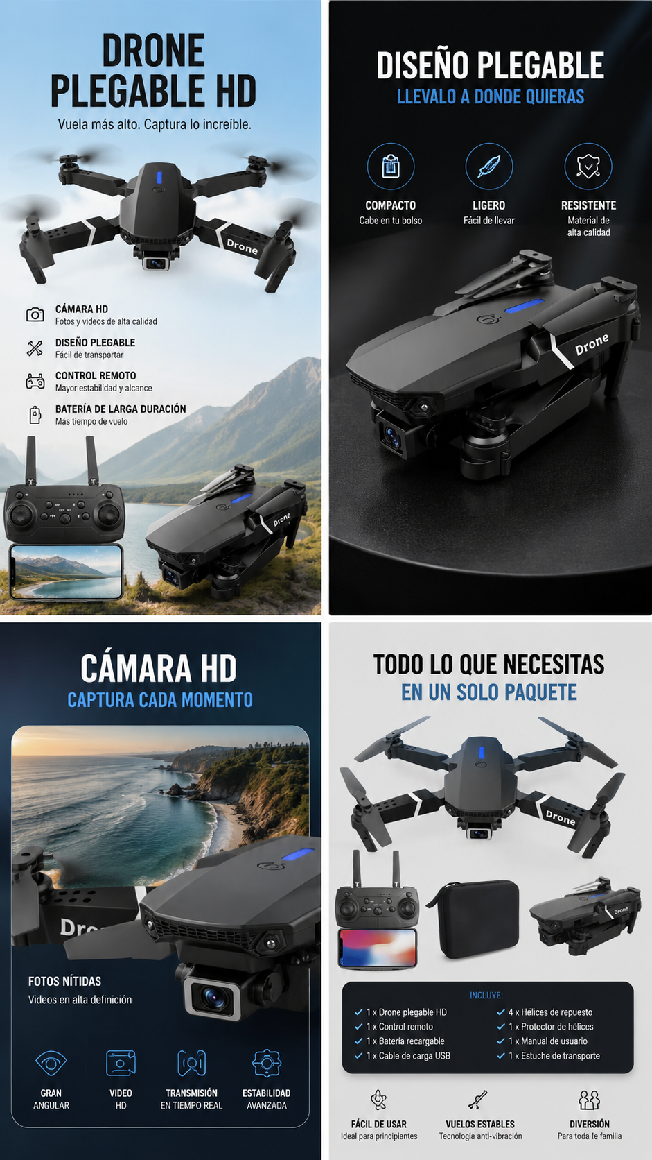 Dron E88 Cámara Frontal Con Bolso Bater